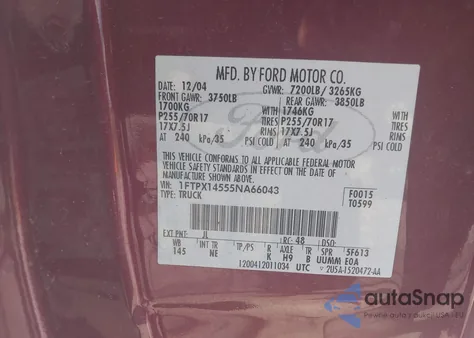 2005 Ford F-150 Fx4/Lariat/Xl/Xlt из США, поврежденный, VIN 1FTPX14555NA66043